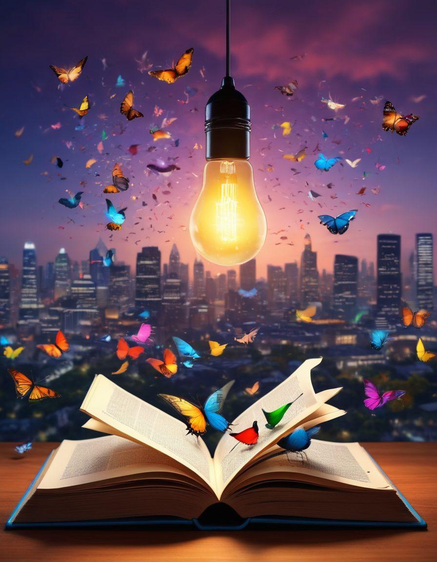 An open thesaurus book with pages fluttering in the breeze, surrounded by colorful birds and butterflies that represent different words and emotions. A glowing light bulb hovers above, symbolizing inspiration and creativity. In the background, a blurred cityscape to denote the modern world, with a diverse group of people engaging in conversation. super-realistic. vibrant colors. soft focus.