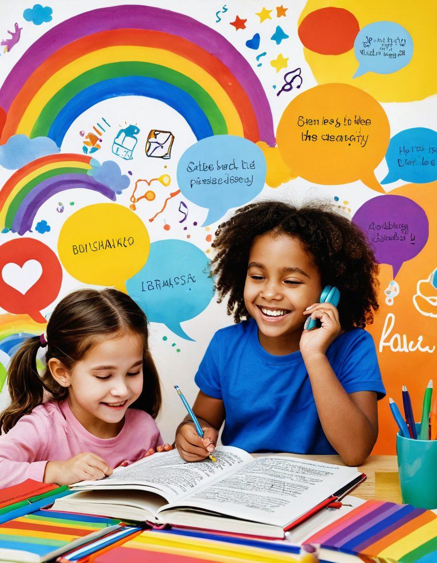 A colorful collage showcasing various language development tools, like books, speech bubbles, and playful digital interfaces. Children joyfully engaging with these tools, illustrating creativity and expression through painting, writing, and speaking. A bright, inviting atmosphere with a rainbow of colors that exudes inspiration and imagination. whimsical style, vibrant colors, soft focus.