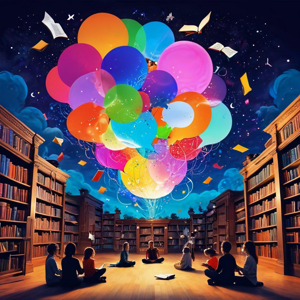 A whimsical scene featuring an enchanted library where giant books float in the air, each emitting colorful swirls of words and phrases. In the foreground, a diverse group of people of different ages, engrossed in reading, with expressions of wonder and inspiration on their faces. Bright, eye-catching colors to illustrate creativity and knowledge. The background should have magical elements like glowing letters and thought bubbles. vibrant colors. surreal illustration.